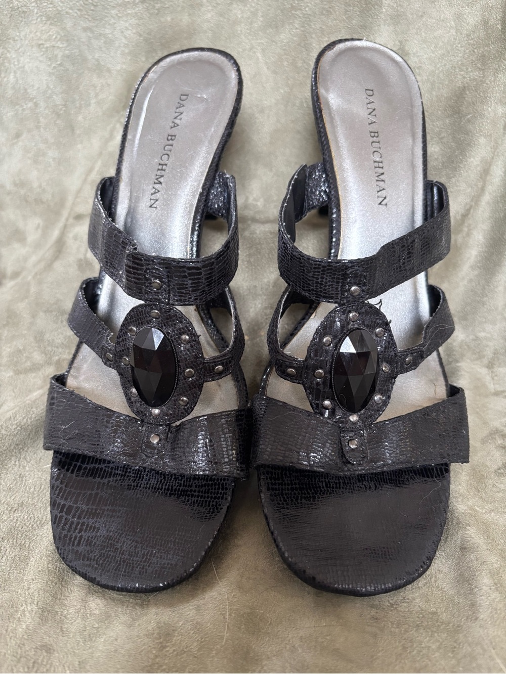 Dana Bachman Black Briony Jeweled Python Kitten Heel Slide Sandals Size 9 1/2 M